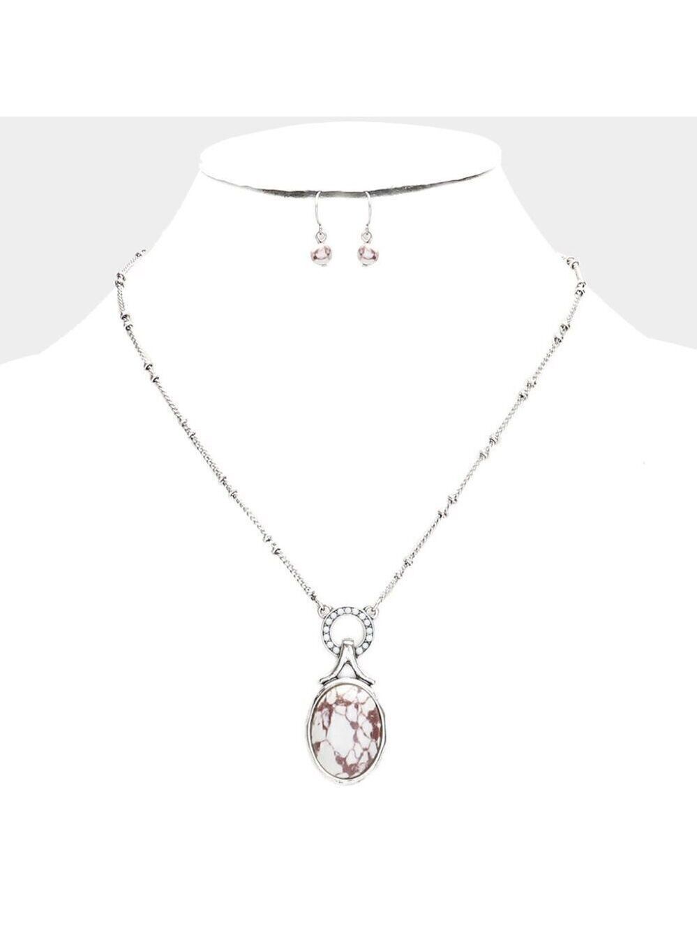 NEW Bohemian White Marble Oval Natural Stone Pendant Necklace Set